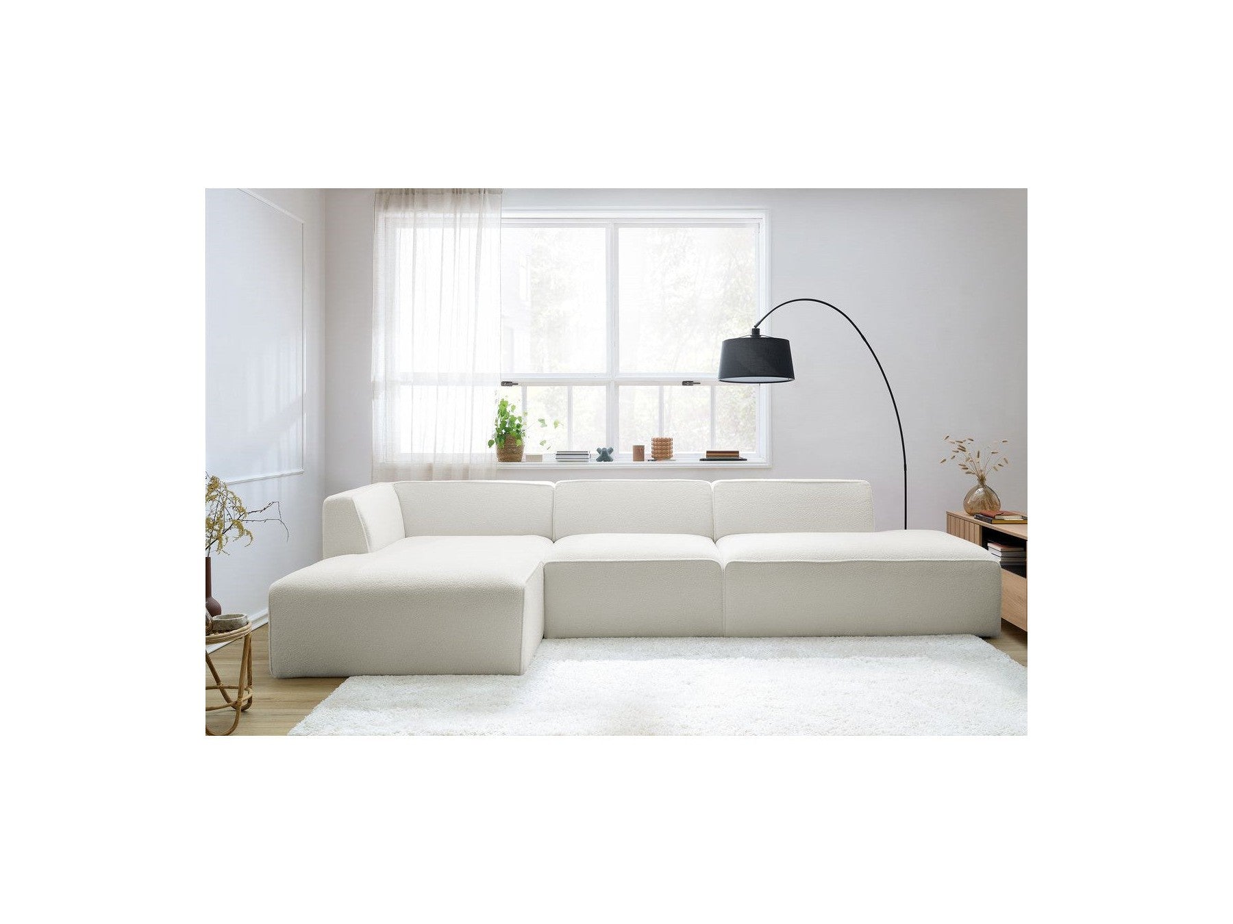 Megeve - Modular Fixed Corner Sofa - Bouclé Fabric - With 1 Armless Chair and 1 Pouffe - Left Corner