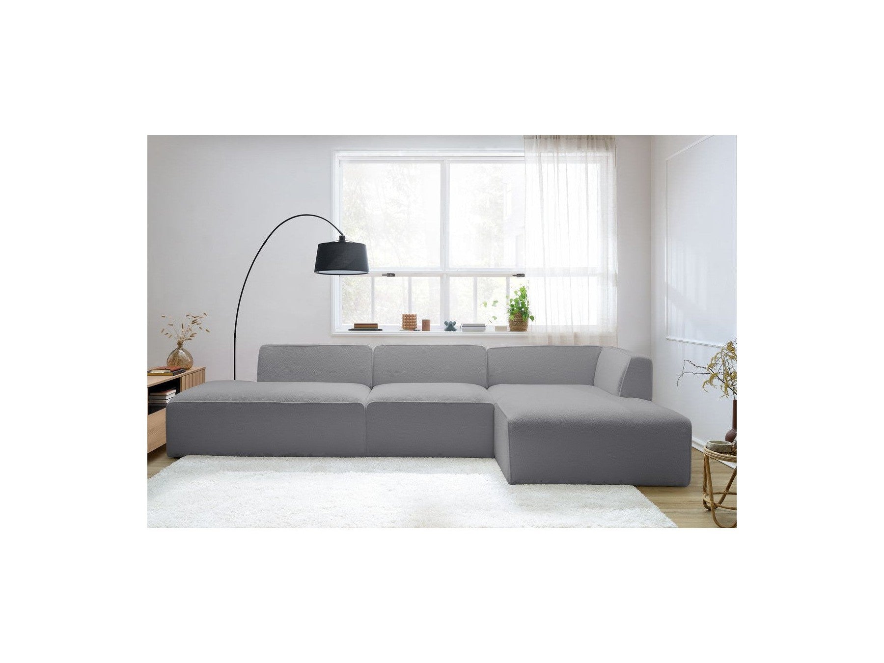 Megeve - Canapé D'Angle Fixe Modulable - Tissu Bouclette - Avec 1 Chauffeuse Et 1 Pouf - Angle Droit