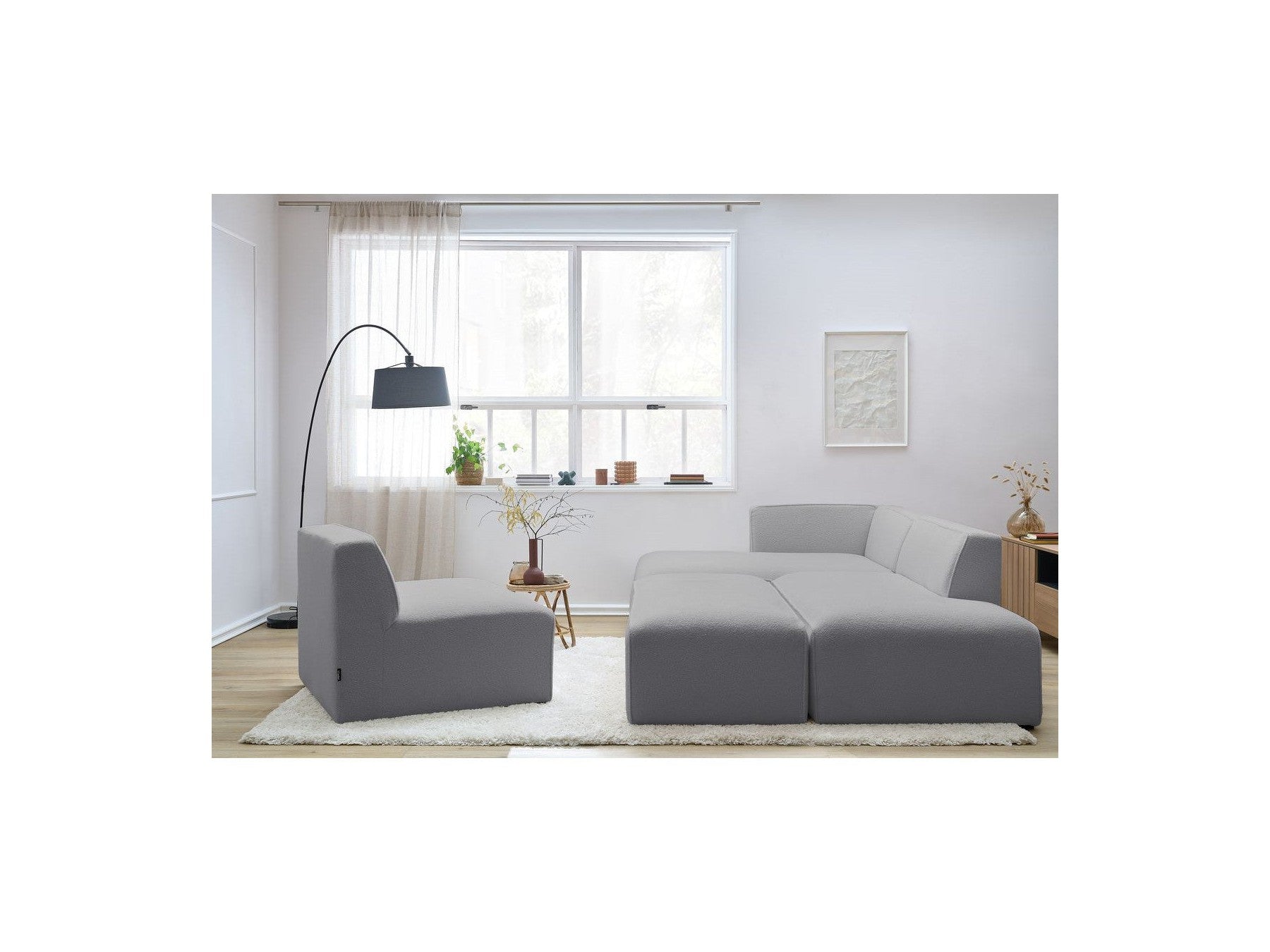 Megeve - Modular Fixed Corner Sofa - Bouclé Fabric - With 1 Armless Chair and 1 Pouffe - Left Corner