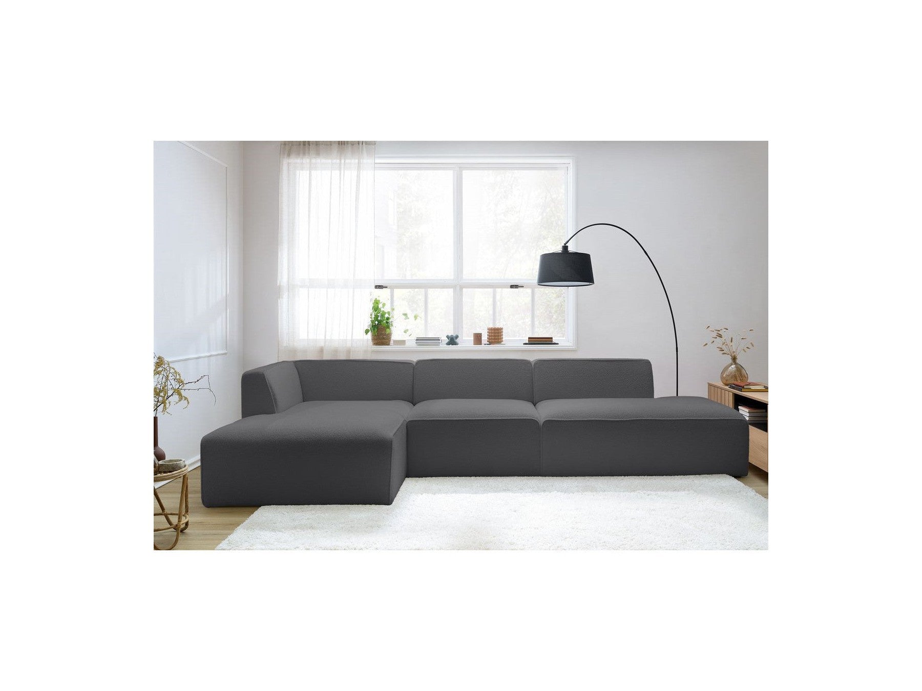 Megeve - Modular Fixed Corner Sofa - Bouclé Fabric - With 1 Armless Chair and 1 Pouffe - Left Corner