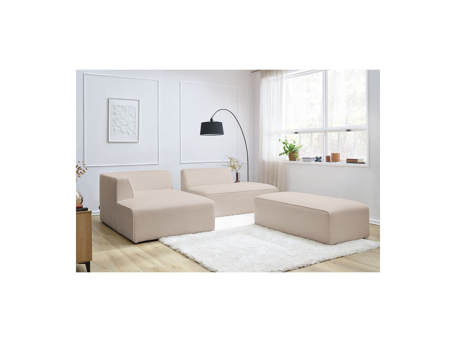 Megeve - Modular Fixed Corner Sofa - Bouclé Fabric - With Pouffe - Left Corner