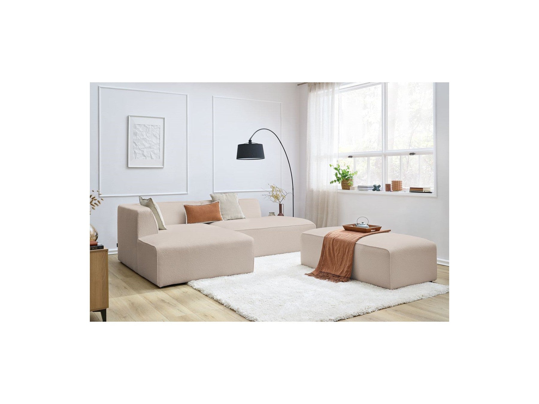 Megeve - Modular Fixed Corner Sofa - Bouclé Fabric - With Pouffe - Left Corner