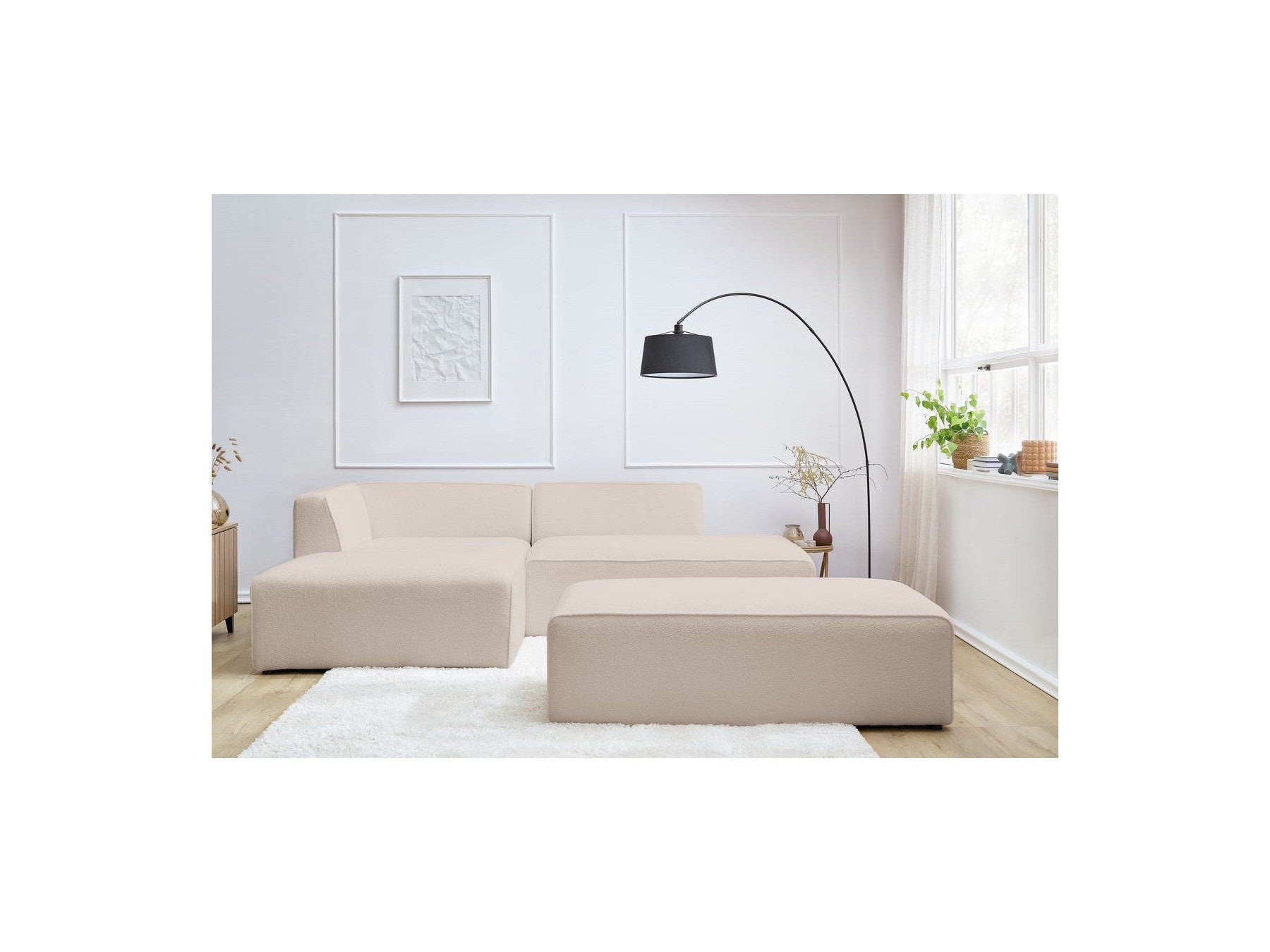 Megeve - Modular Fixed Corner Sofa - Bouclé Fabric - With Pouffe - Left Corner
