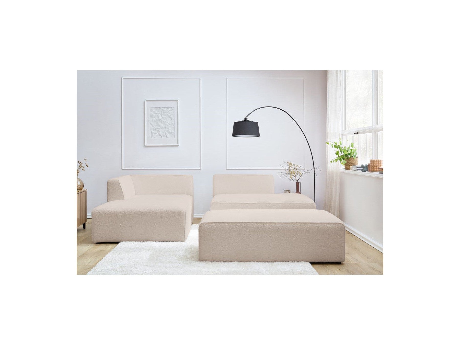 Megeve - Modular Fixed Corner Sofa - Bouclé Fabric - With Pouffe - Left Corner