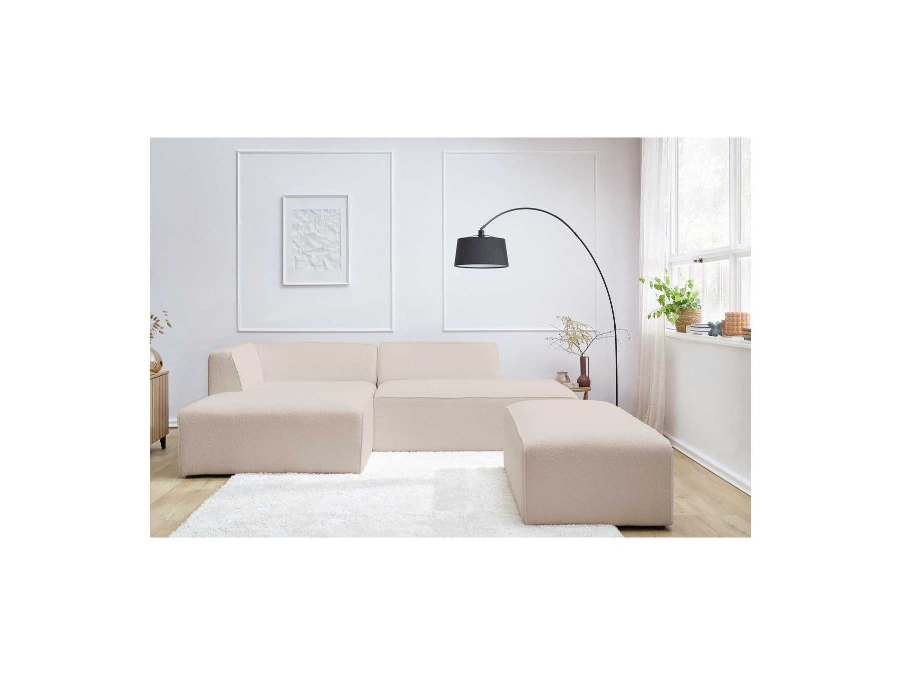 Megeve - Modular Fixed Corner Sofa - Bouclé Fabric - With Pouffe - Left Corner