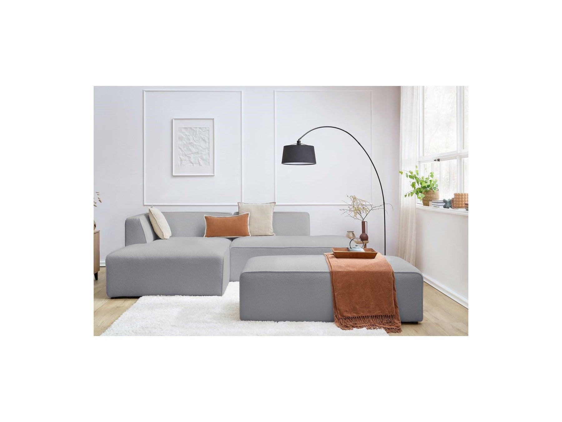 Megeve - Modular Fixed Corner Sofa - Bouclé Fabric - With Pouffe - Left Corner