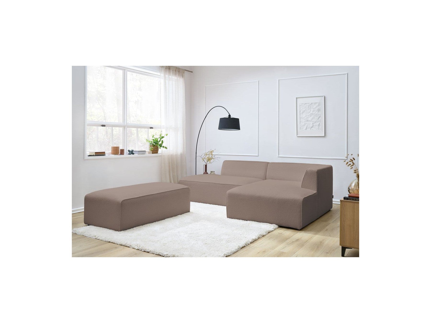 Megeve - Sofá esquinero fijo modular - Tela bouclé - Con puf - Esquina derecha