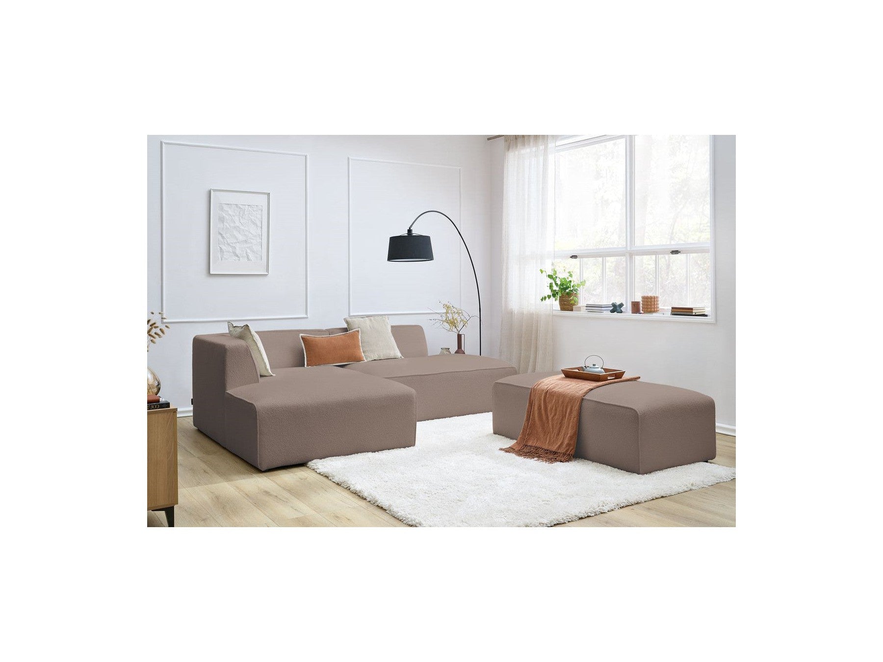 Megeve - Modular Fixed Corner Sofa - Bouclé Fabric - With Pouffe - Left Corner