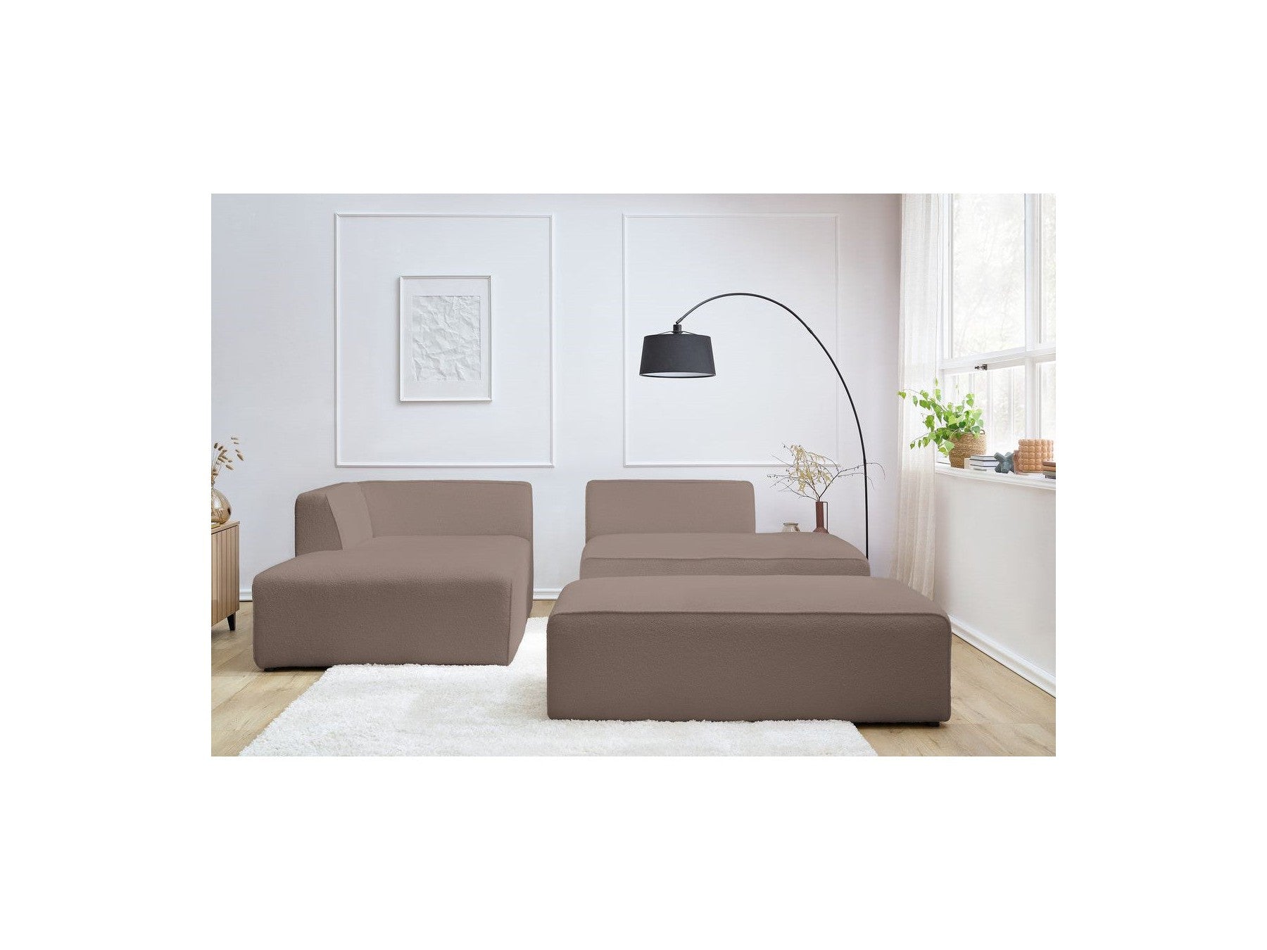 Megeve - Modular Fixed Corner Sofa - Bouclé Fabric - With Pouffe - Left Corner