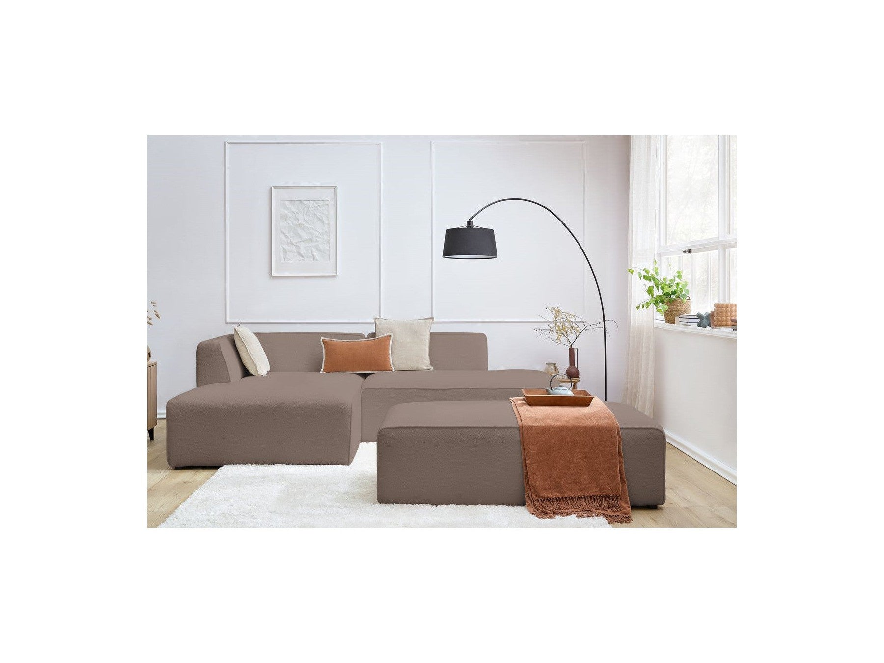 Megeve - Modular Fixed Corner Sofa - Bouclé Fabric - With Pouffe - Left Corner
