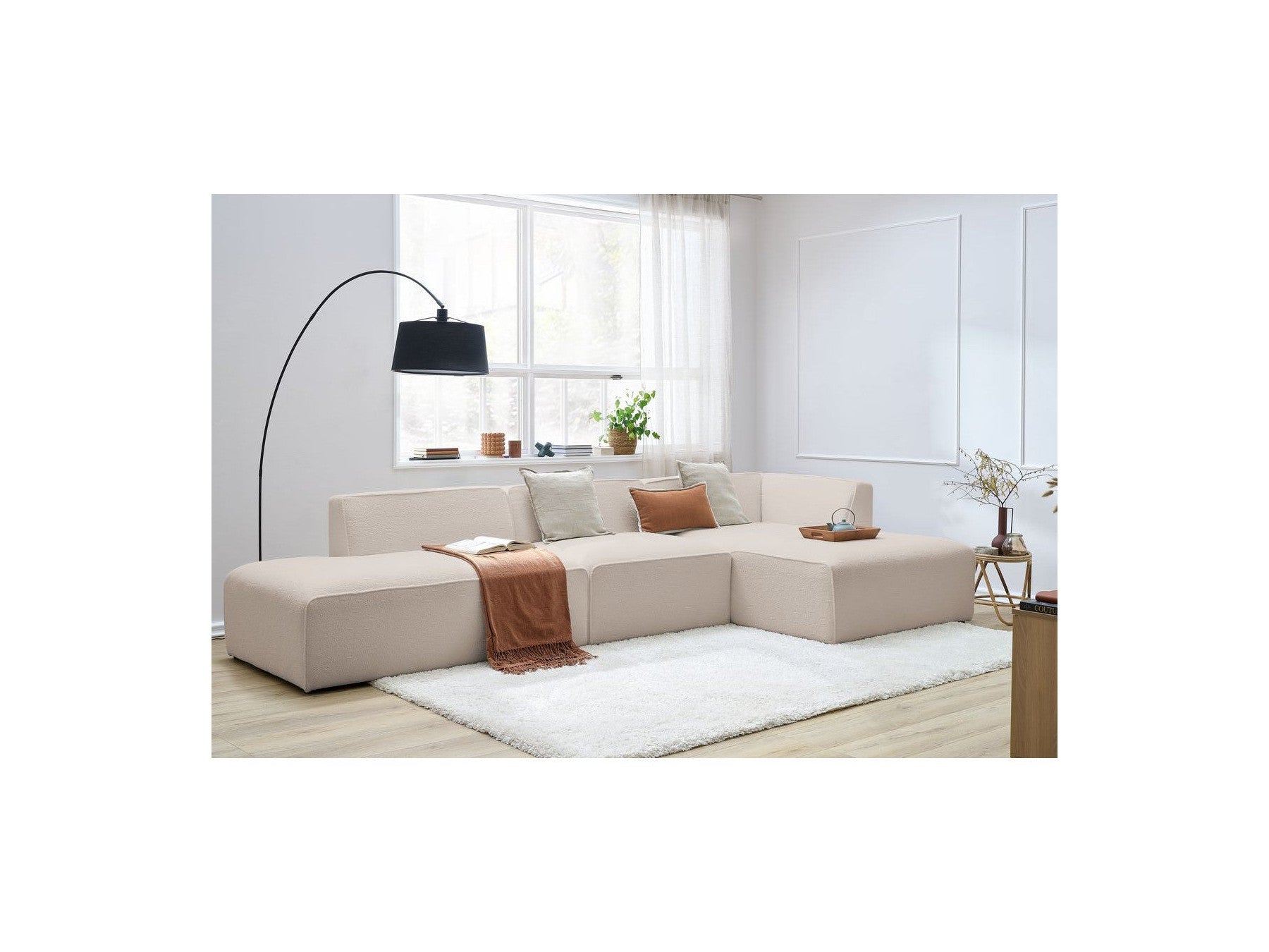 Megeve - Canapé D'Angle Fixe Modulable - Tissu Bouclette - Avec 1 Chauffeuse Et 1 Pouf - Angle Droit