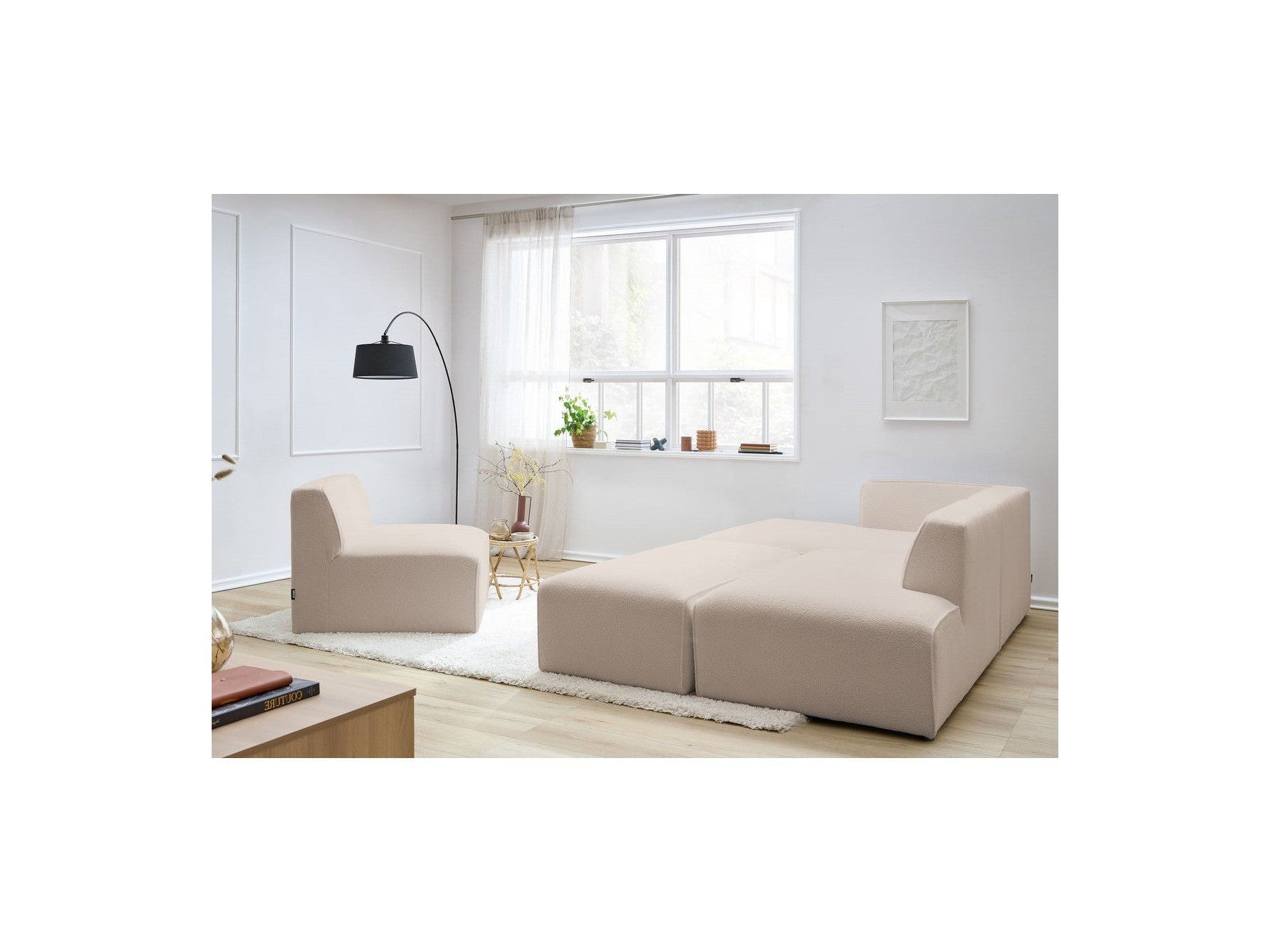 Megeve - Modular Fixed Corner Sofa - Bouclé Fabric - With 1 Armless Chair and 1 Pouffe - Left Corner