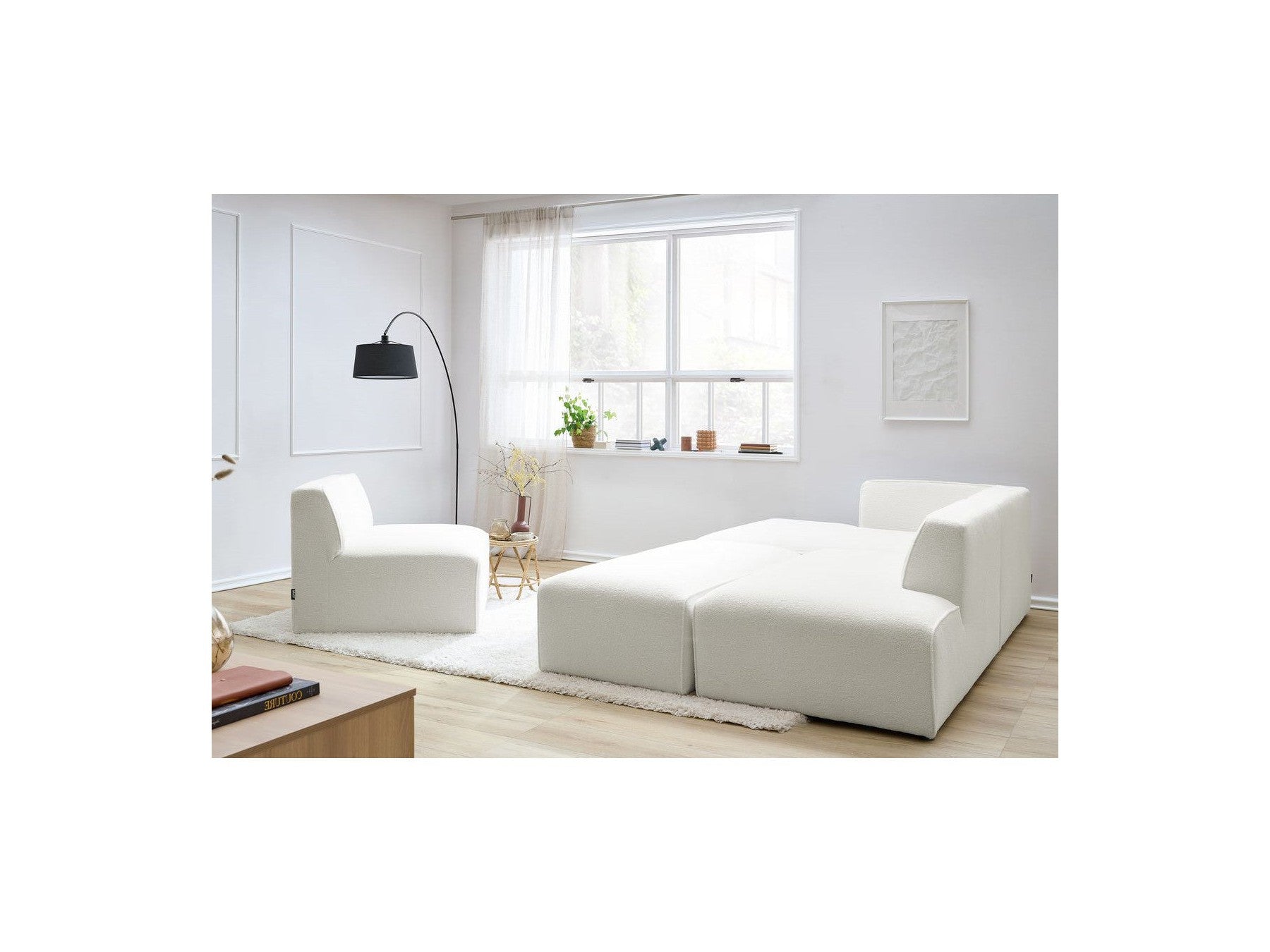 Megeve - Modular Fixed Corner Sofa - Bouclé Fabric - With 1 Armless Chair and 1 Pouffe - Left Corner