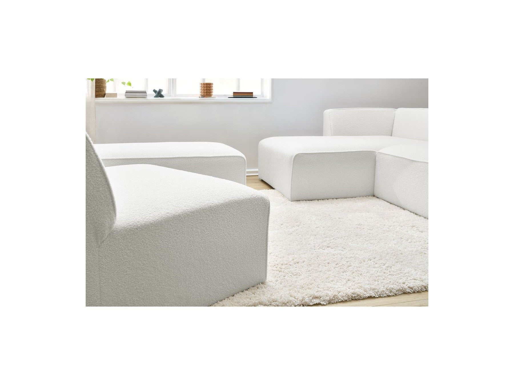 Megeve - Modular Fixed Corner Sofa - Bouclé Fabric - With 1 Armless Chair and 1 Pouffe - Left Corner