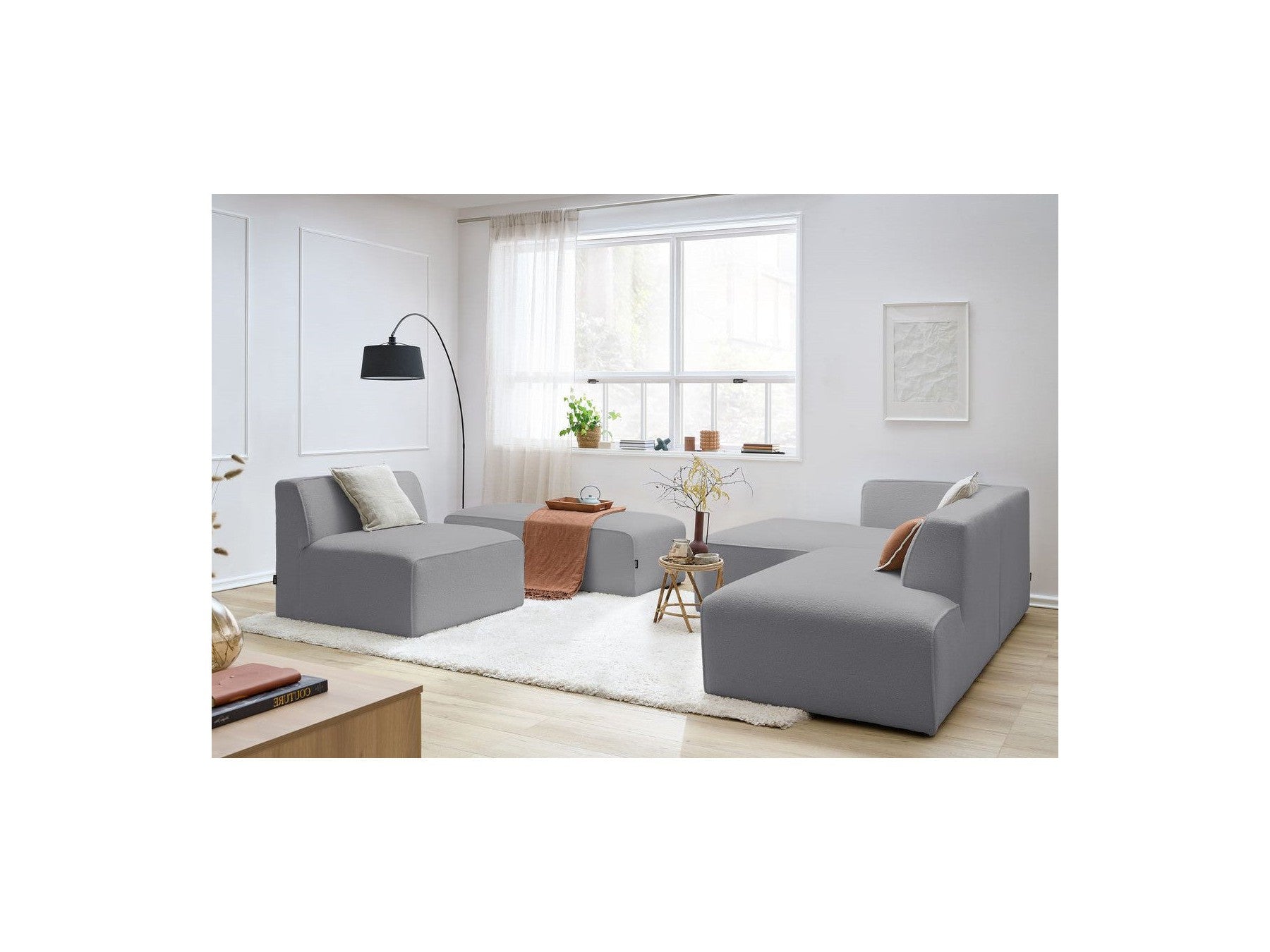 Megeve - Modular Fixed Corner Sofa - Bouclé Fabric - With 1 Armless Chair and 1 Pouffe - Left Corner