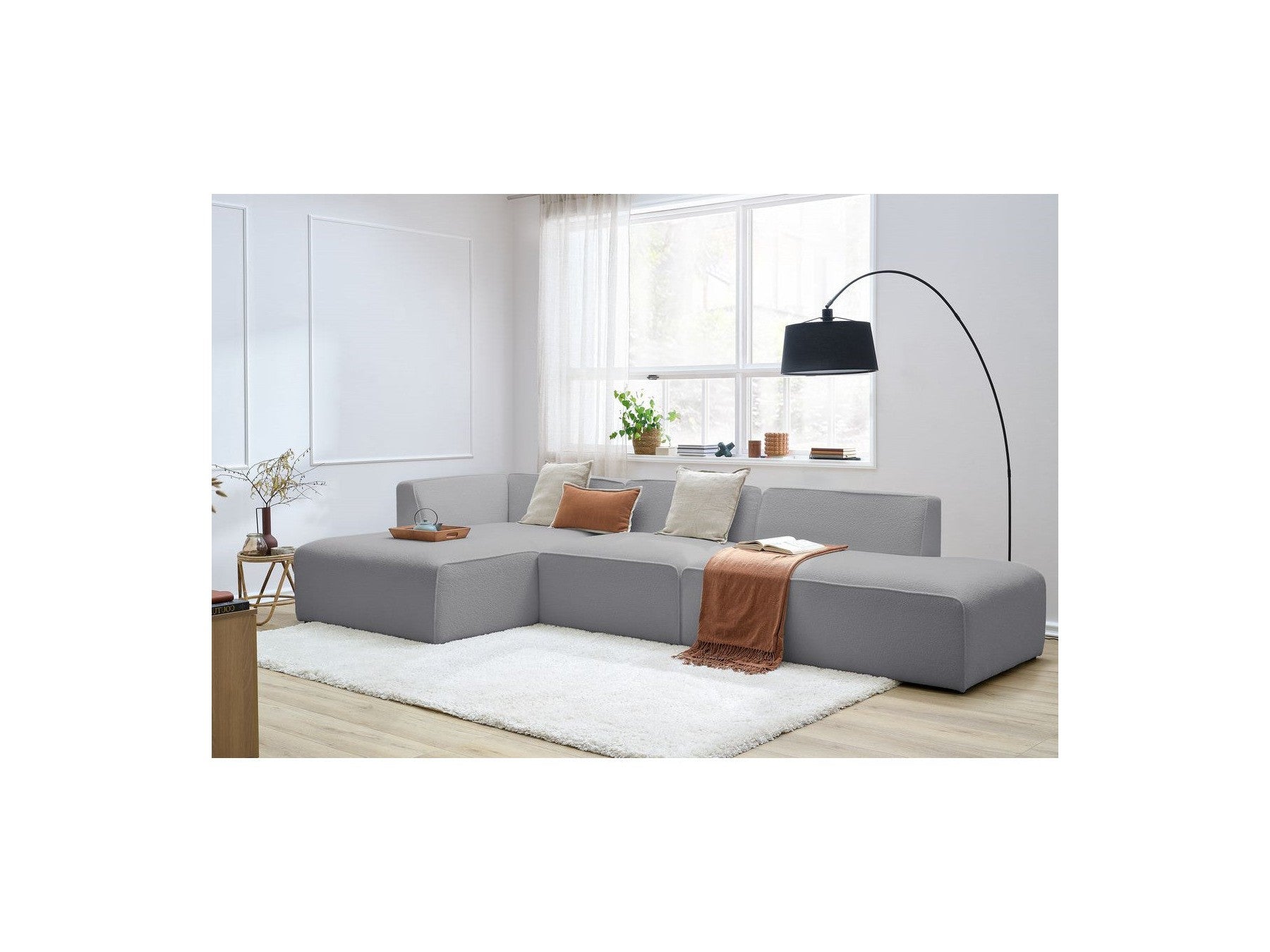 Megeve - Modular Fixed Corner Sofa - Bouclé Fabric - With 1 Armless Chair and 1 Pouffe - Left Corner