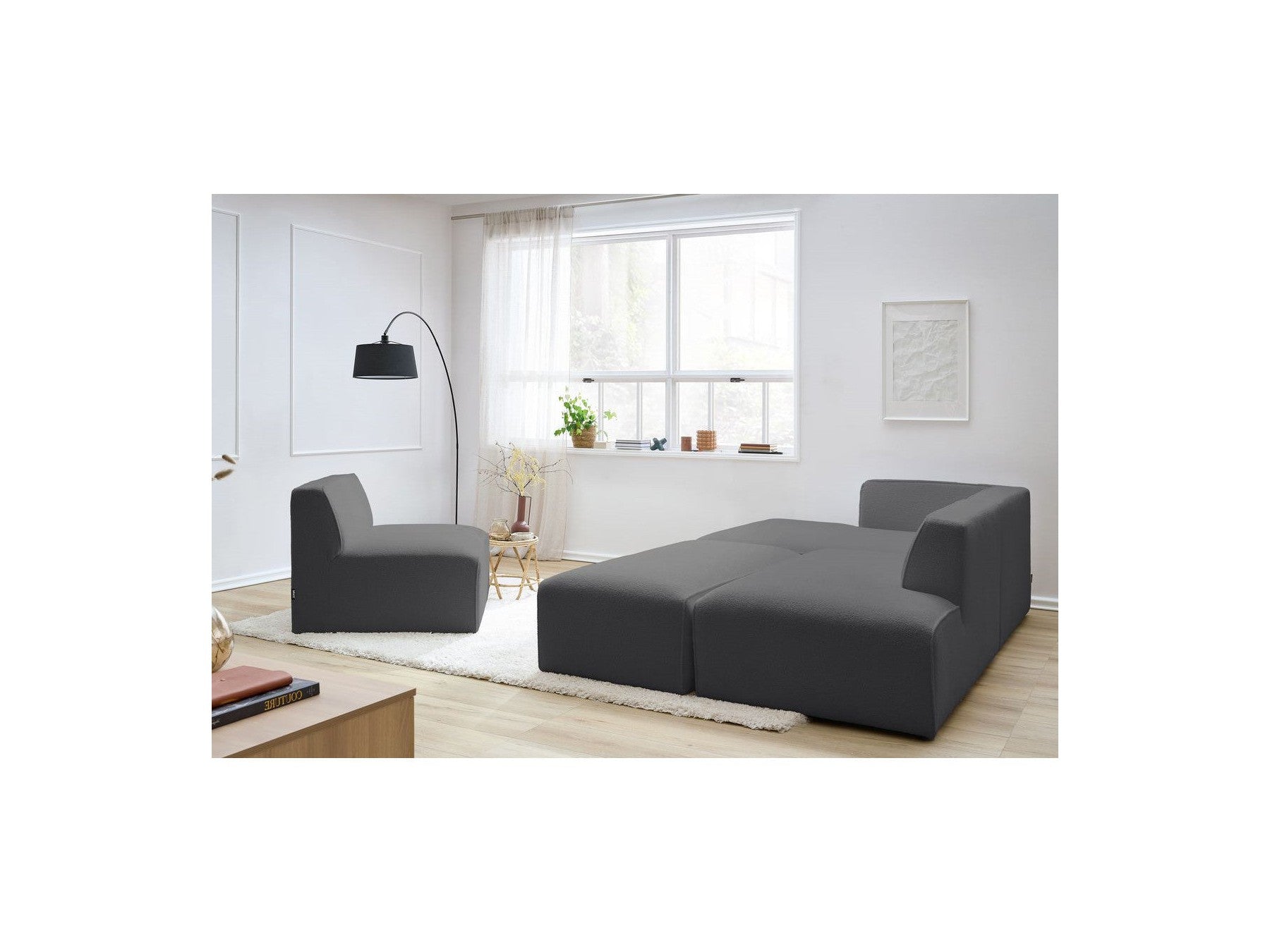 Megeve - Modular Fixed Corner Sofa - Bouclé Fabric - With 1 Armless Chair and 1 Pouffe - Left Corner