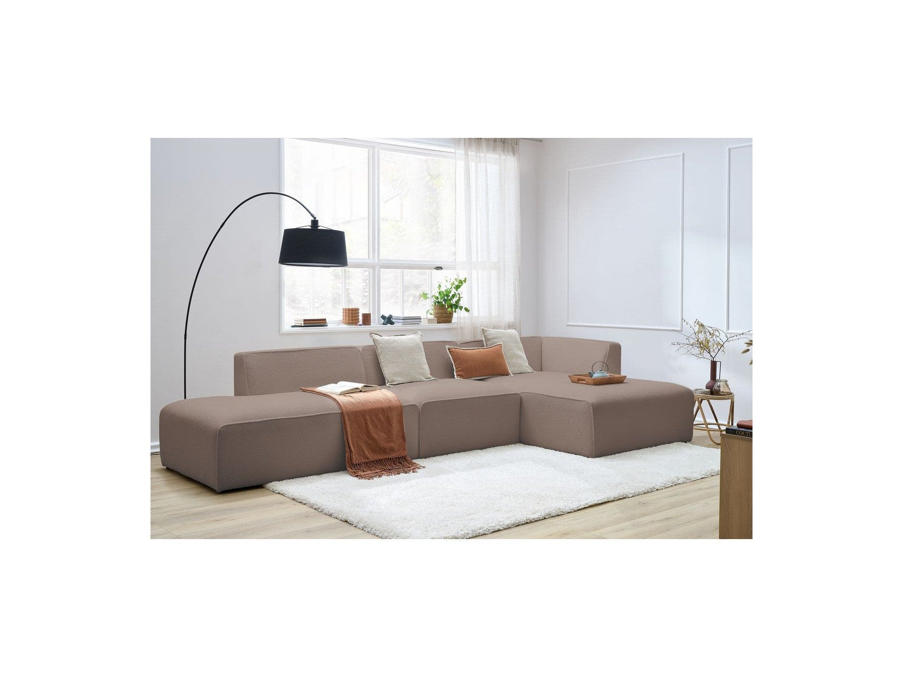 Megeve - Canapé D'Angle Fixe Modulable - Tissu Bouclette - Avec 1 Chauffeuse Et 1 Pouf - Angle Droit