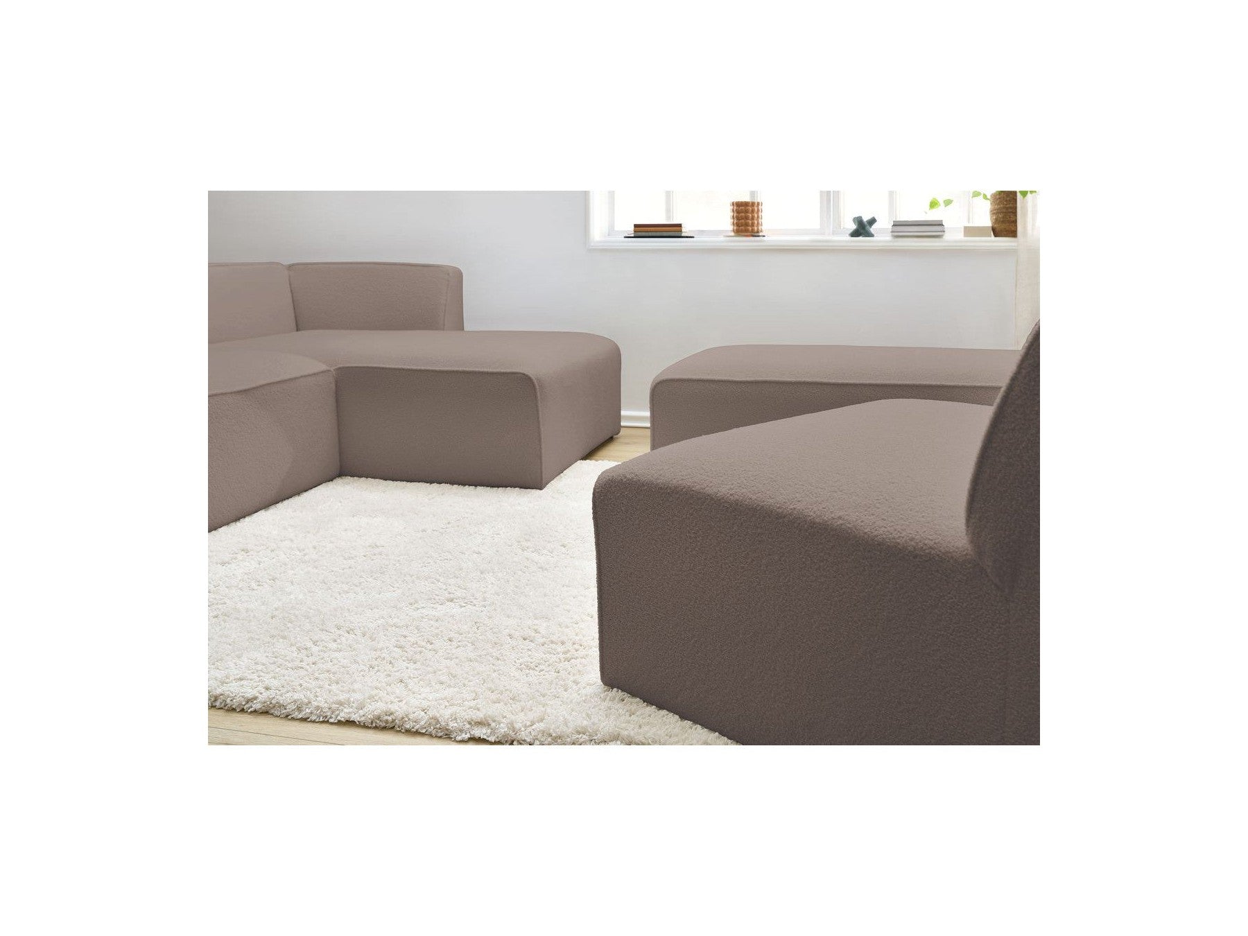 Megeve - Canapé D'Angle Fixe Modulable - Tissu Bouclette - Avec 1 Chauffeuse Et 1 Pouf - Angle Droit