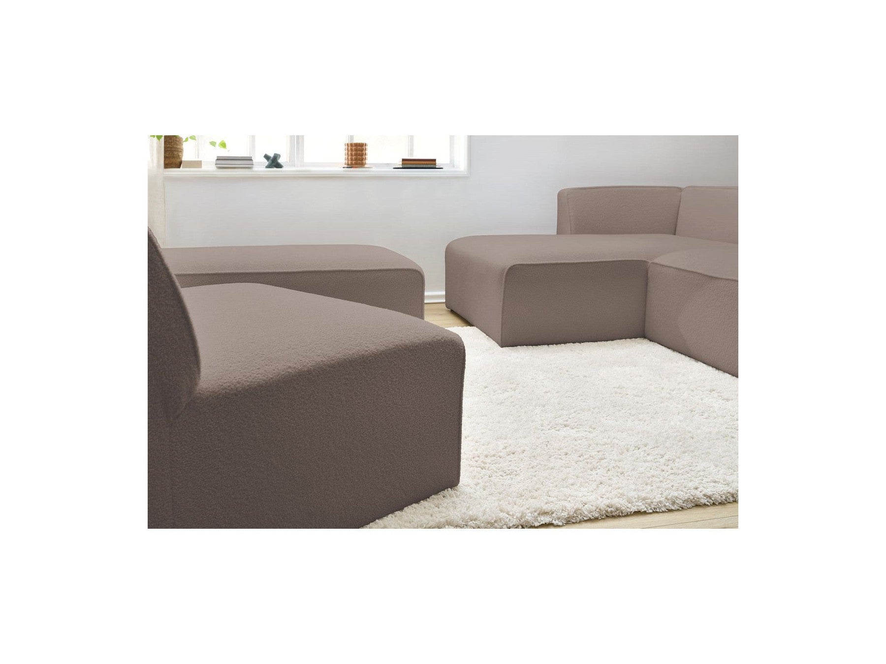 Megeve - Modular Fixed Corner Sofa - Bouclé Fabric - With 1 Armless Chair and 1 Pouffe - Left Corner