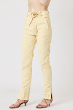High Waist Belted Slim Jeans - Light Yellow
