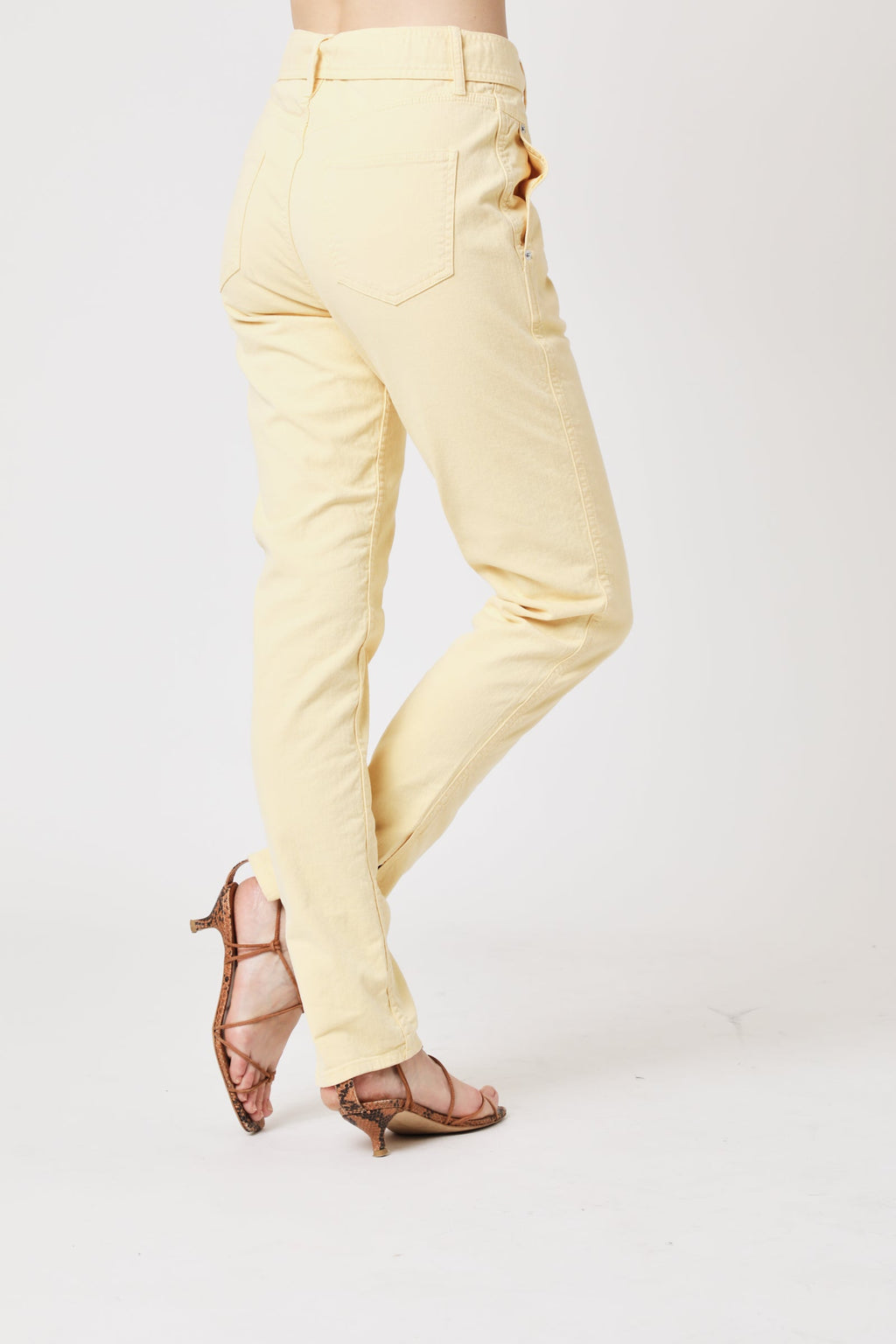 High Waist Belted Slim Jeans - Light Yellow