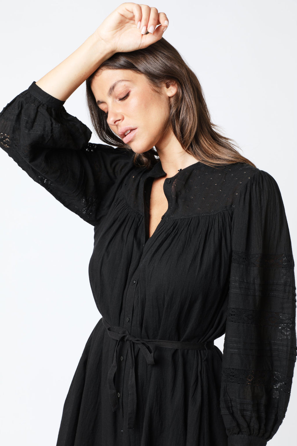 Berenice - Plain Long Sleeve Short Dress with Pleats - Black