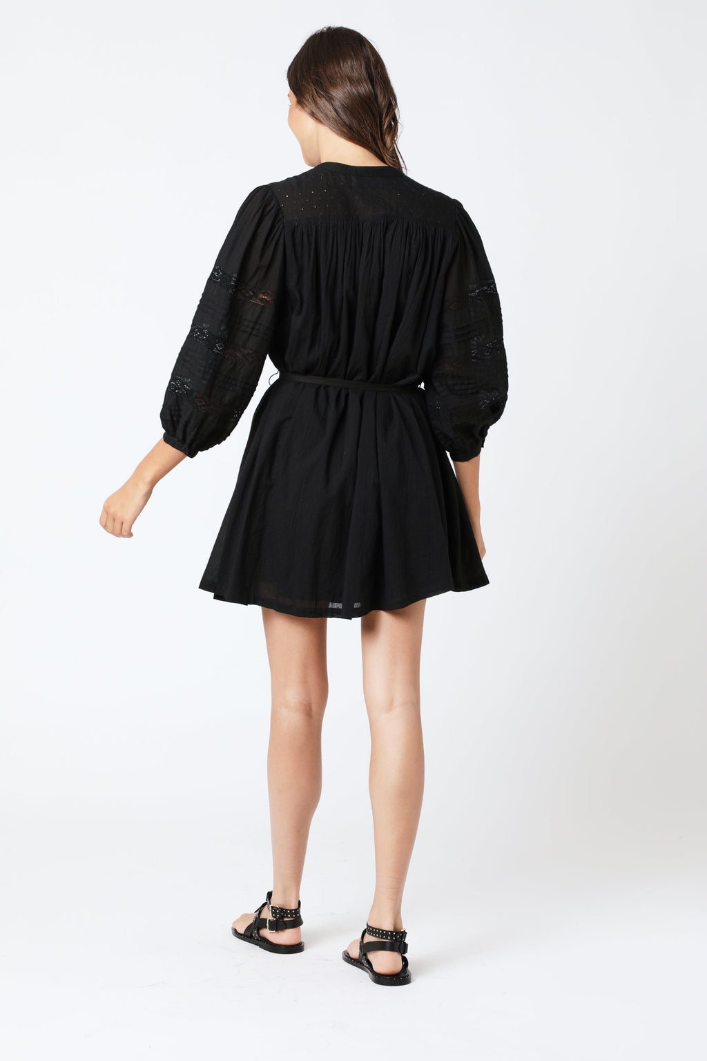 Berenice - Plain Long Sleeve Short Dress with Pleats - Black