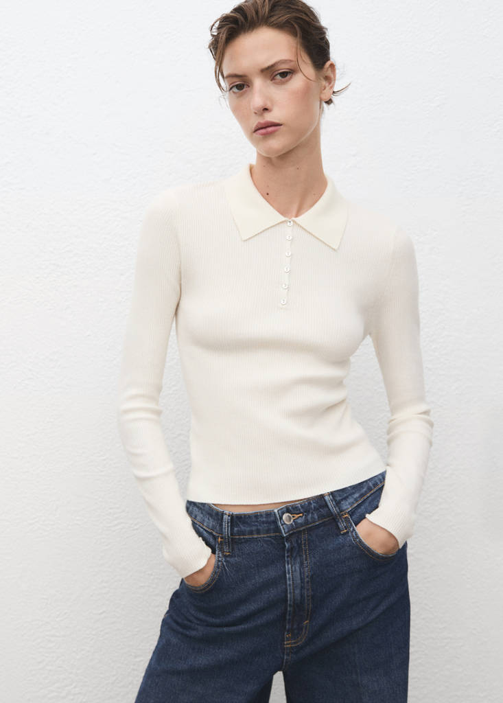 Pullover in Maglia a Coste con Collo Polo
