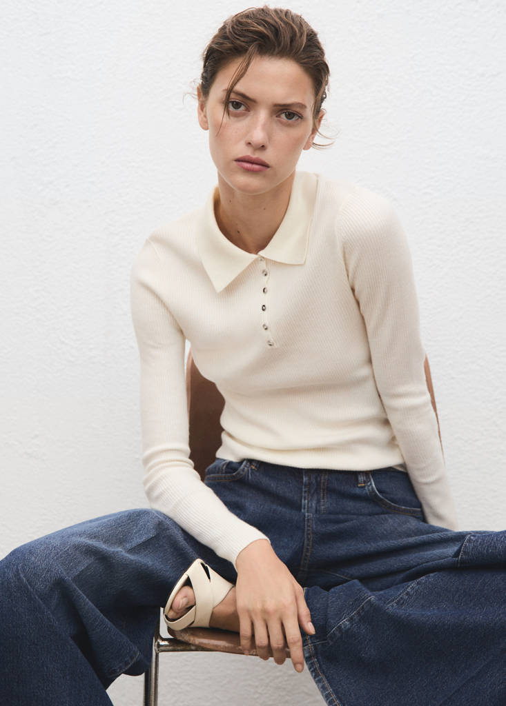 Pullover in Maglia a Coste con Collo Polo