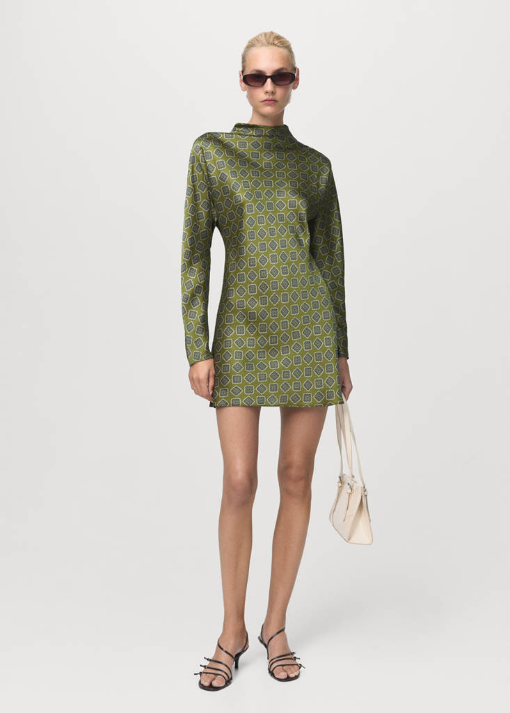 Robe En Satin Imprimé Avec Col Cheminée