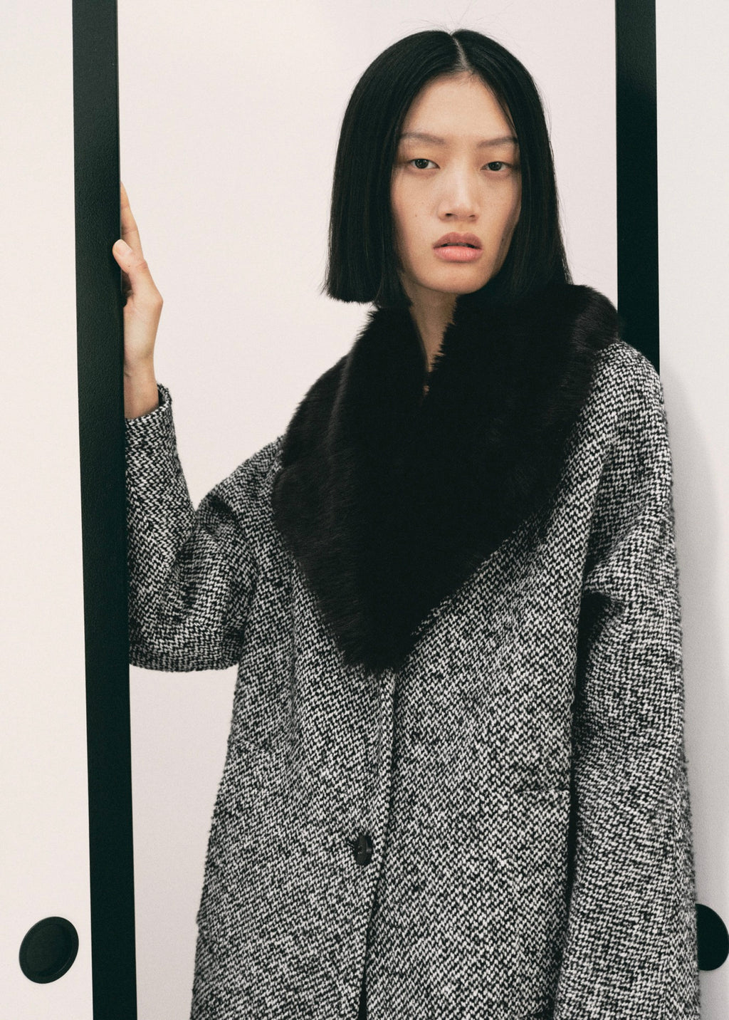 Manteau Chiné Col Fausse Fourrure