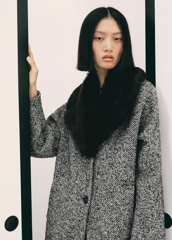 Manteau Chiné Col Fausse Fourrure