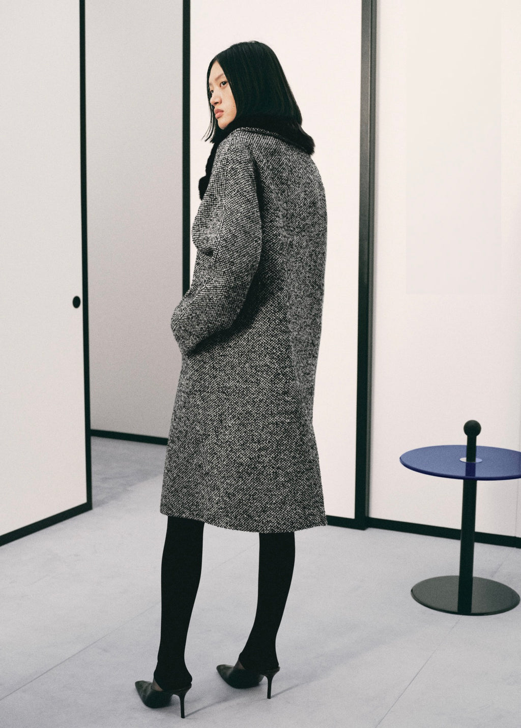 Manteau Chiné Col Fausse Fourrure