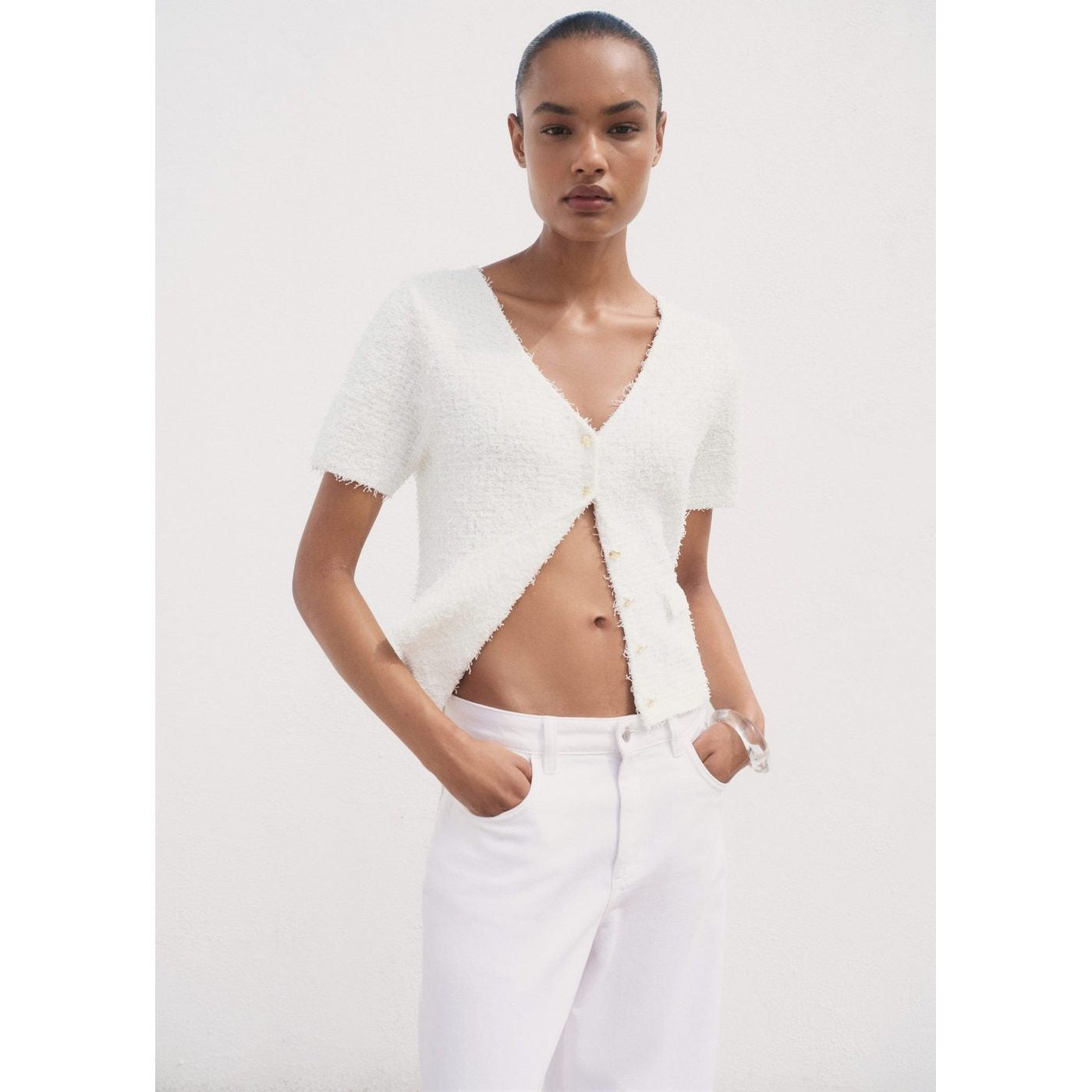 Cardigan En Maille Bouclée Manches Courtes