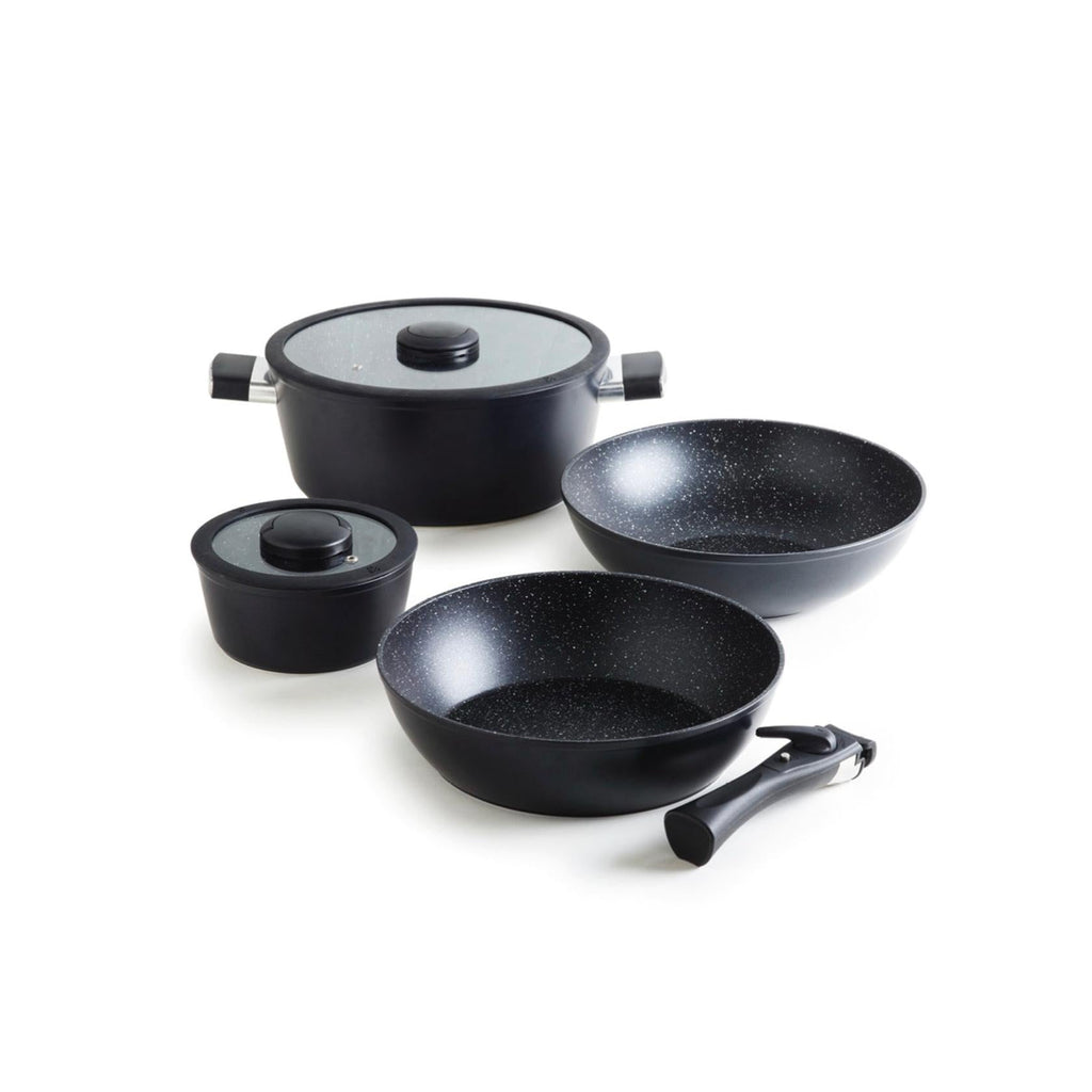 Pack de Cocina Apilable en Aluminio con Mango Extraíble 5 Piezas - Negro