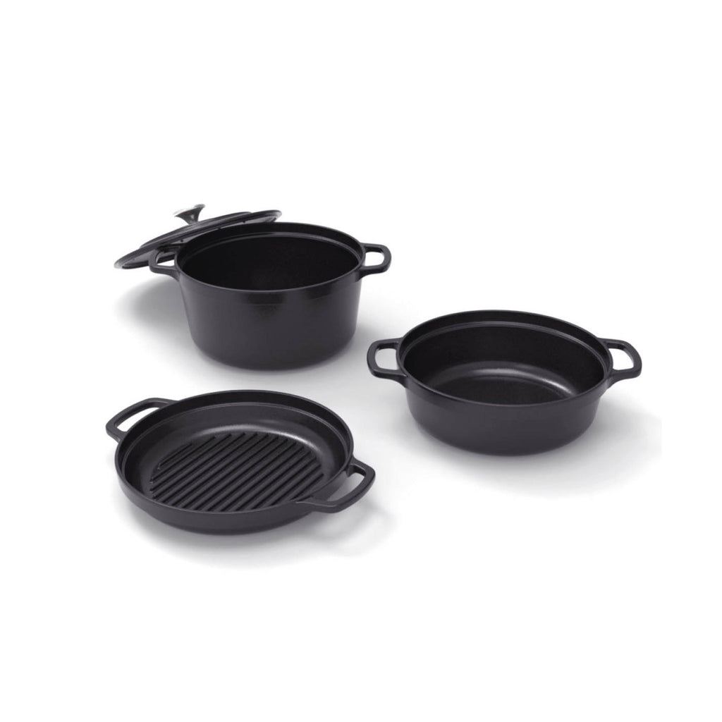 Batería de Cocina Apilable de Hierro Fundido 4 Piezas + 4 Protecciones de Silicona - Negro