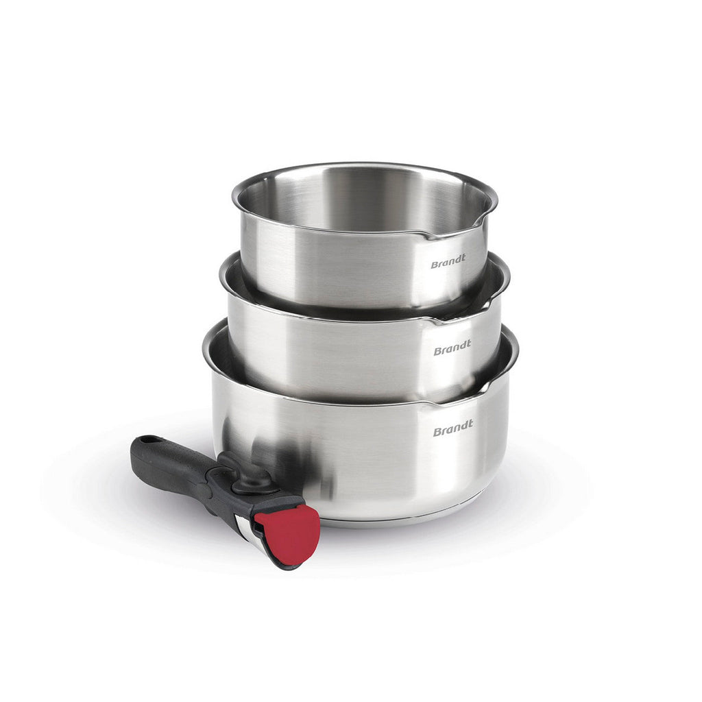 BRANDT - Set de 3 cacerolas Amo de acero inoxidable con asa extraíble - Plateado