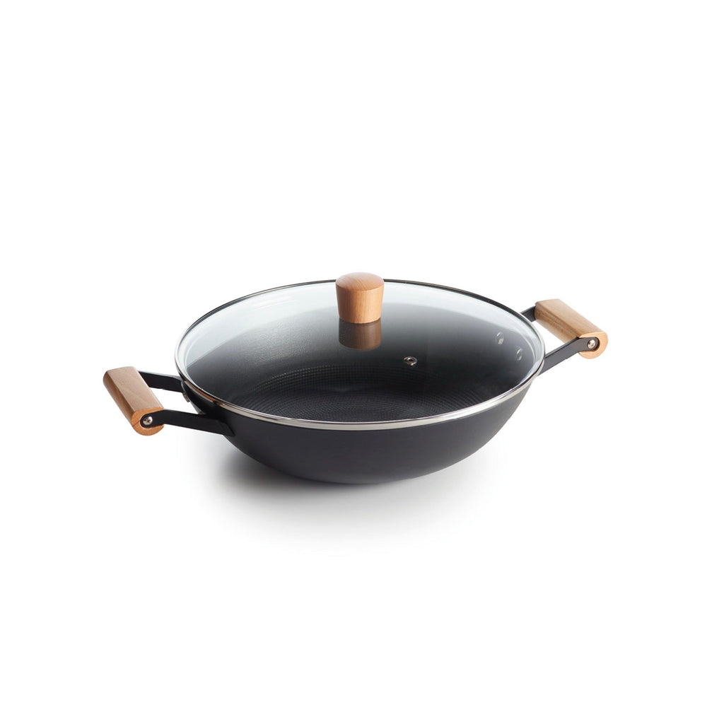Wok En Fonte Structure Nid D'Abeille Avec Poignées En Bois - Noir