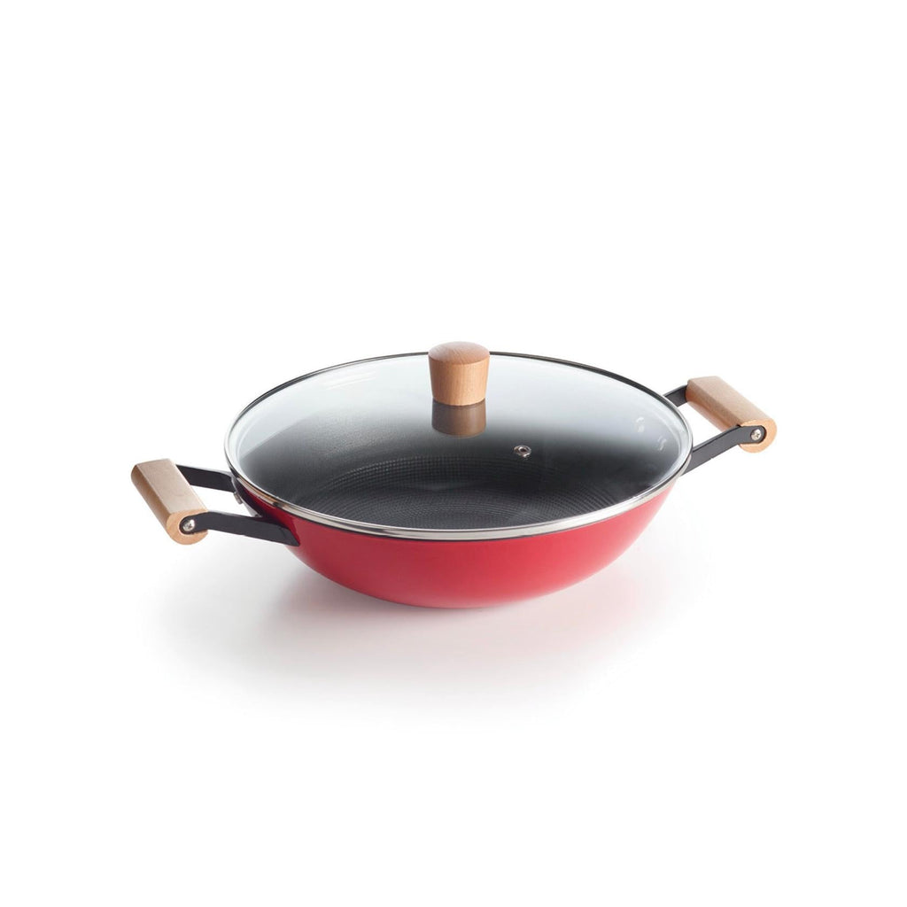 Wok De Hierro Fundido Estructura Panal De Abeja Con Asas De Madera - Rojo