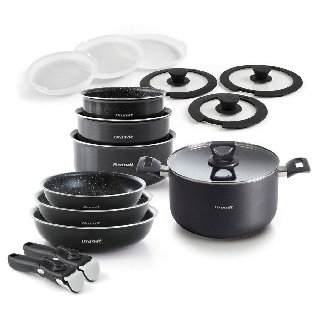 BRANDT - Set de 3 sartenes + 3 cacerolas + 3 tapas + 3 tapas herméticas + olla con tapa + 2 mangos extraíbles - Negro