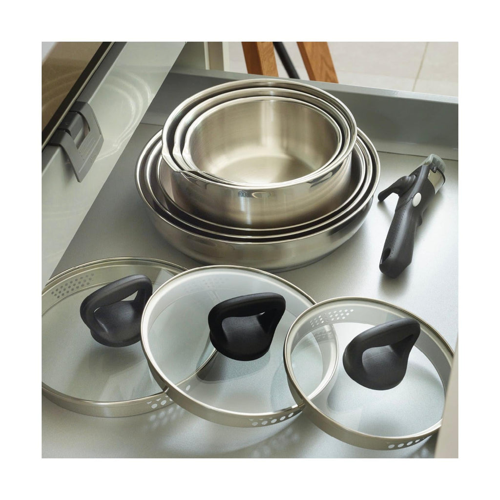 Set De 3 Casseroles En Inox + 3 Poêles Avec Revêtement Anti-Adhérent + 1 Poignée Amovible + 3 Couvercles Passoires Avec Manche En Inox - Argenté/Noir/Rouge