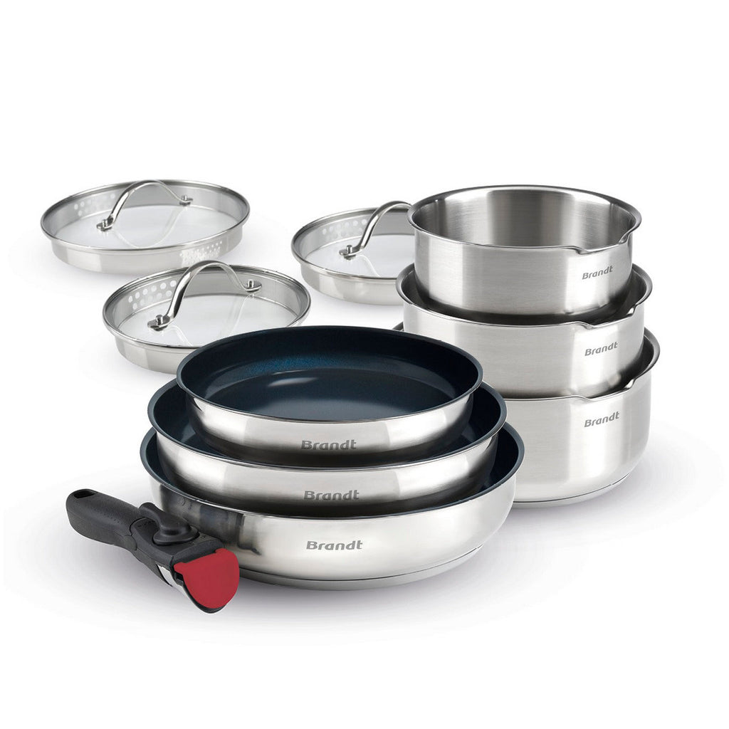 BRANDT - Set De 3 Casseroles En Inox + 3 Poêles Avec Revêtement Anti-Adhérent + 1 Poignée Amovible + 3 Couvercles Passoires Avec Manche En Inox - Argenté / Noir / Rouge
