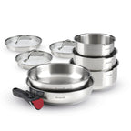 BRANDT - Set De 3 Casseroles En Inox + 2 Poêles + 1 Poignée Amovible + 3 Couvercles Passoires Avec Manche En Inox - Argenté / Noir / Rouge