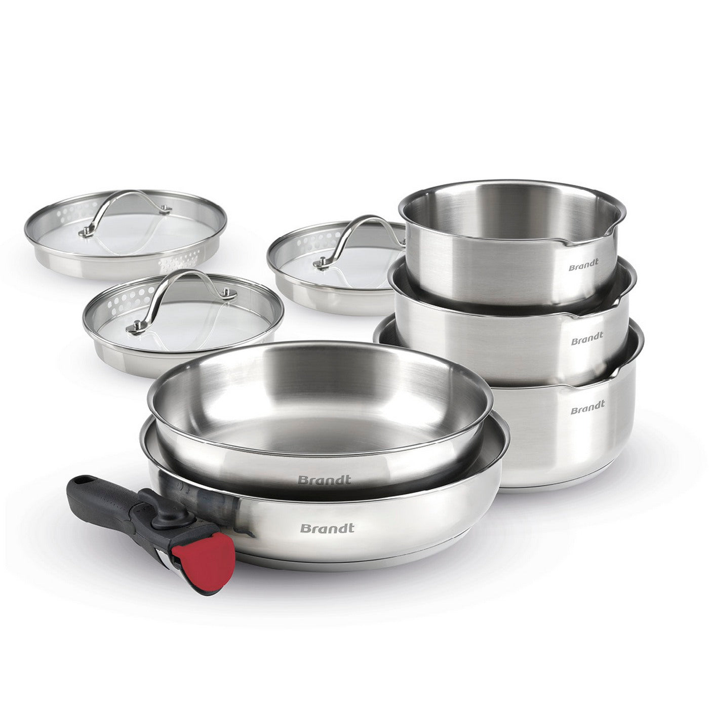 BRANDT - Set De 3 Casseroles En Inox + 2 Poêles + 1 Poignée Amovible + 3 Couvercles Passoires Avec Manche En Inox - Argenté / Noir / Rouge