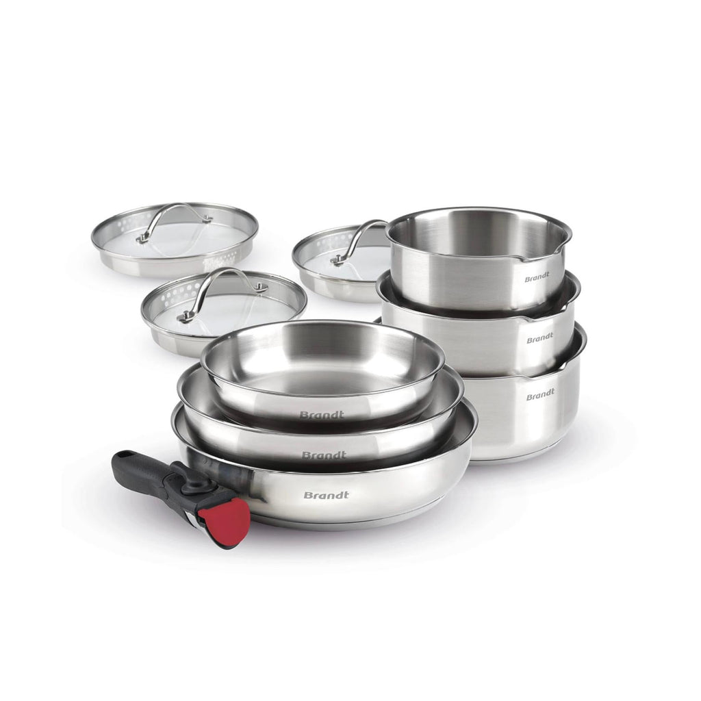 Set De 3 Cazuelas En Inox + 3 Sartenes + 1 Mango Amovible + 3 Tapas Escurridoras Con Mango En Inox - Plateado/Negro/Rojo