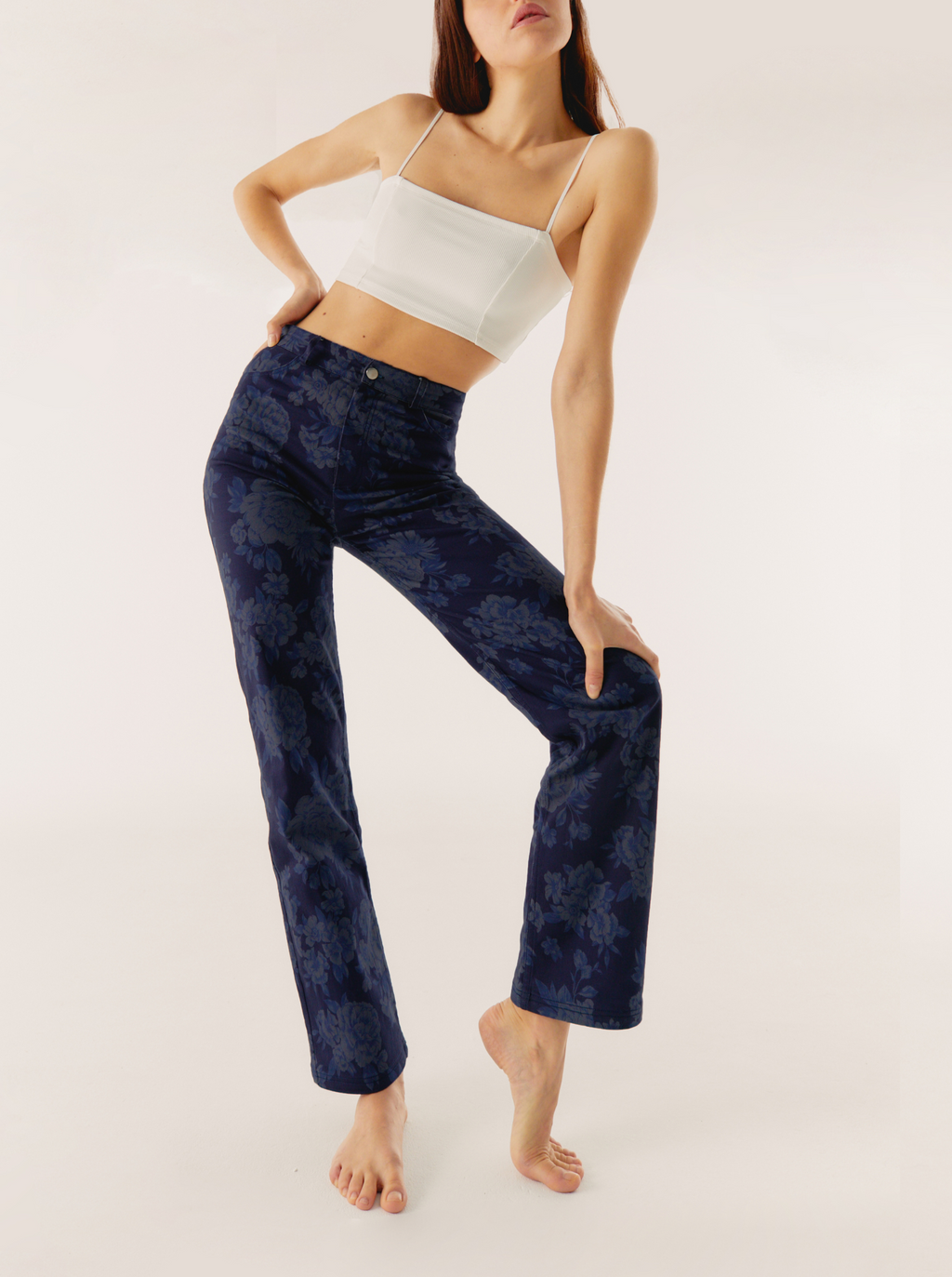 Navy Faded Flowers High Waist Pants