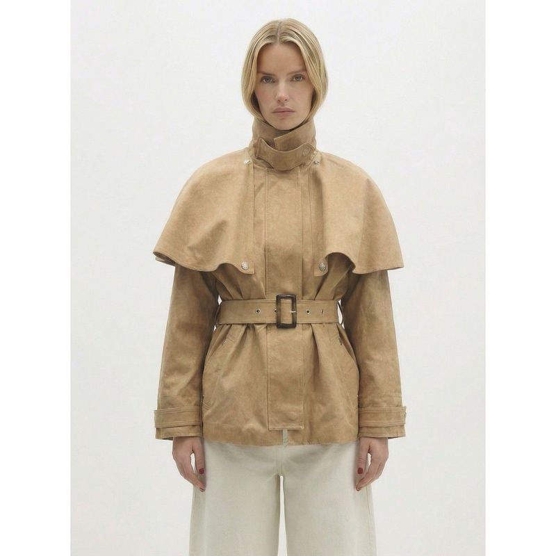 Berenice - Two-Fabric Belted Coat - Beige