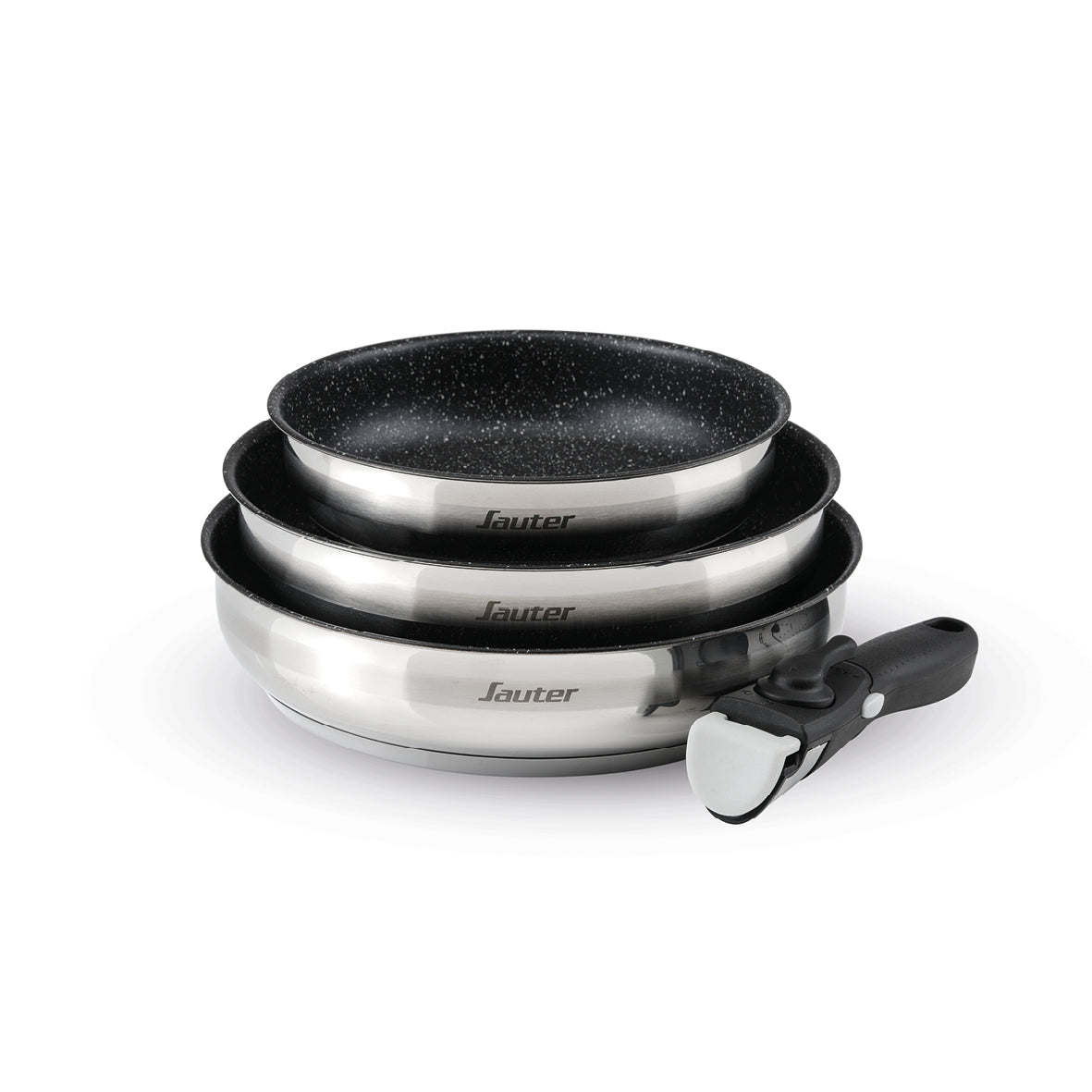 Sauter - Sæt Med 3 Non-Stick Pander Med Aftageligt Håndtag - 304 Rustfrit Stål - Sølv