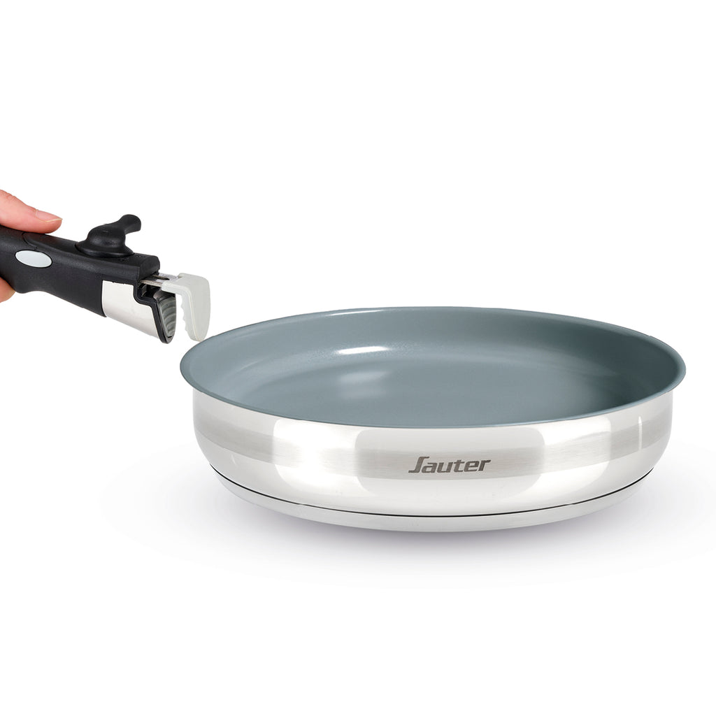 Sauter - Batteria Impilabile Antiaderente Con Manico Removibile 6 Pezzi - Acciaio Inossidabile Con Rivestimento - Argento